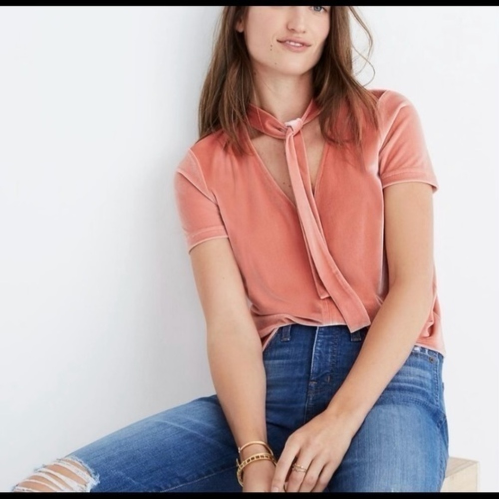 Madewell NEW Velvet Tie-Neck Top in‎ Coral